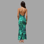 Celina - Vestido maxi de satén sedoso con cuello alto y escote barco