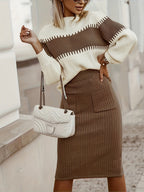 Elegante traje de punto con falda lápiz entallada, perfecto para un look sofisticado y moderno