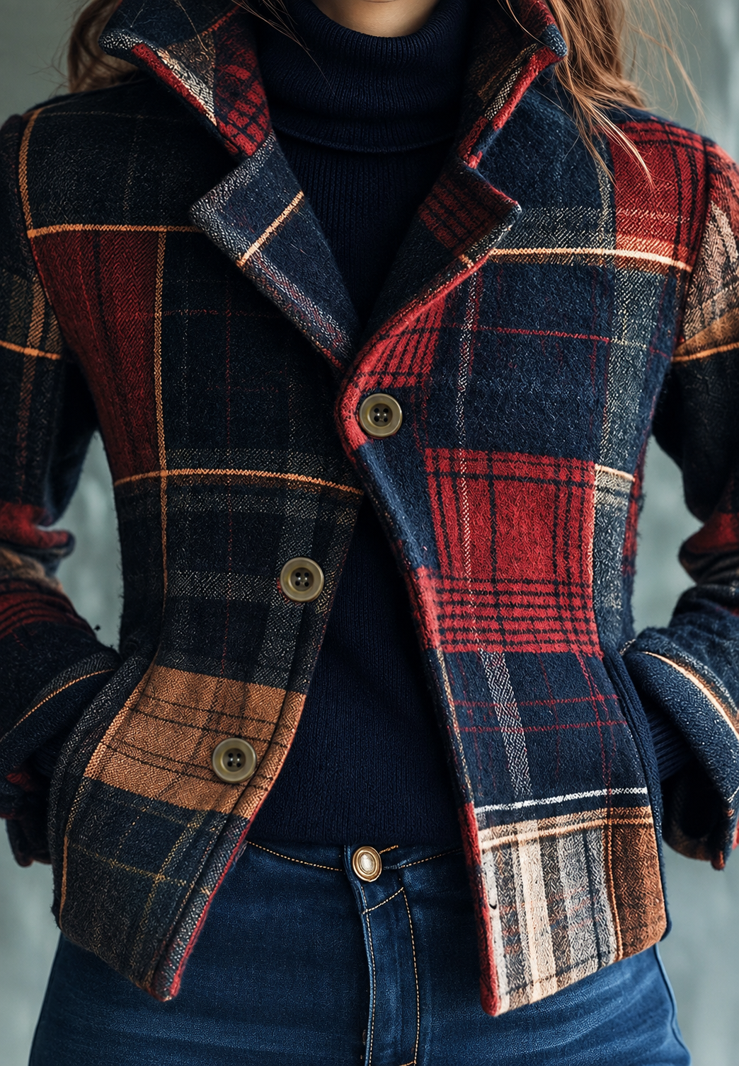 Blazer de mujer cuadros patchwork solapa de muesca - Noémie