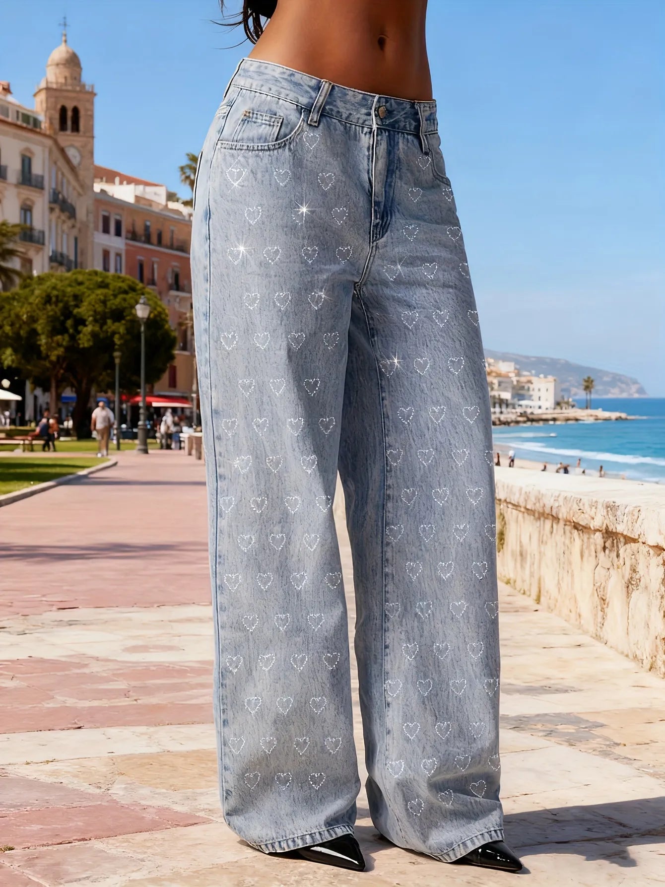 Jeans de tiro alto con corazones brillantes para mujer - Kimberly
