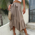 Falda midi para mujer con lazo y volante asimétrico estilo fluido - Dalia