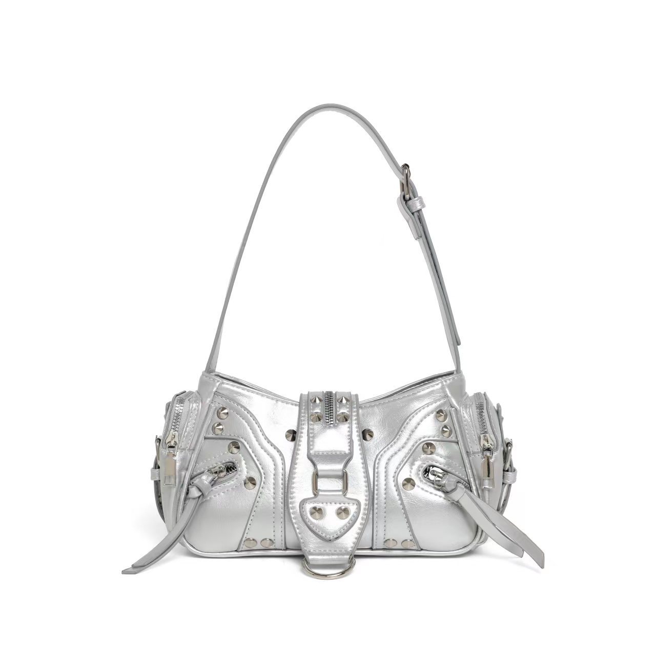 Bolso de hombro con tachuelas metálicas y bolsillos con cremallera para mujer