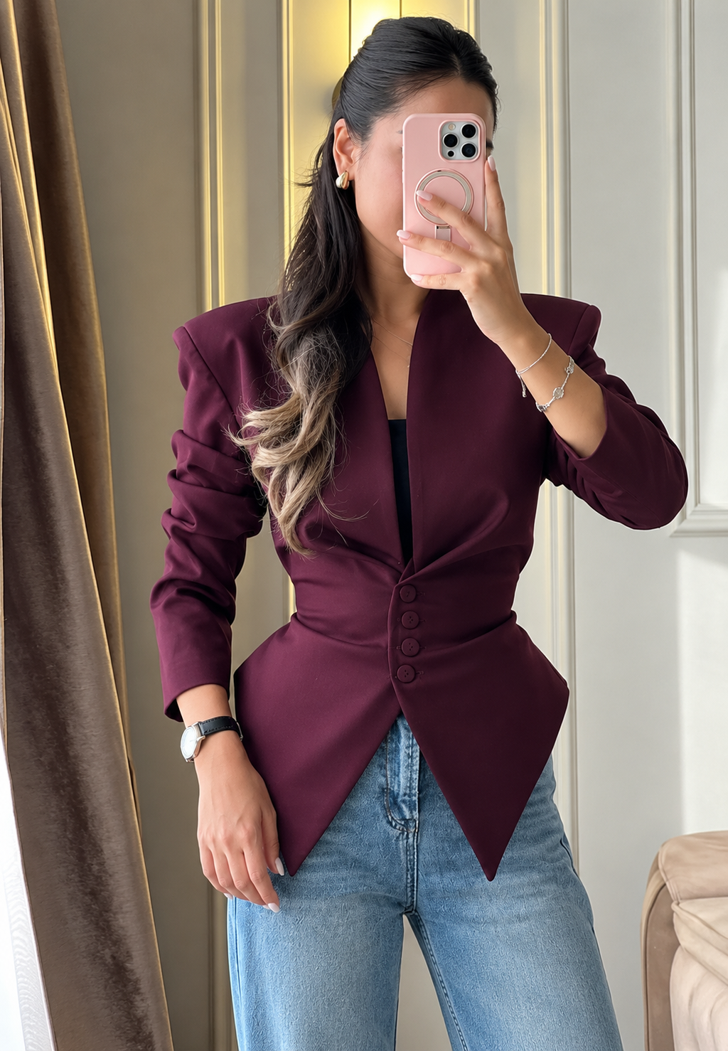 Blazer mujer entallado asimétrico hombreras botones - Marlies