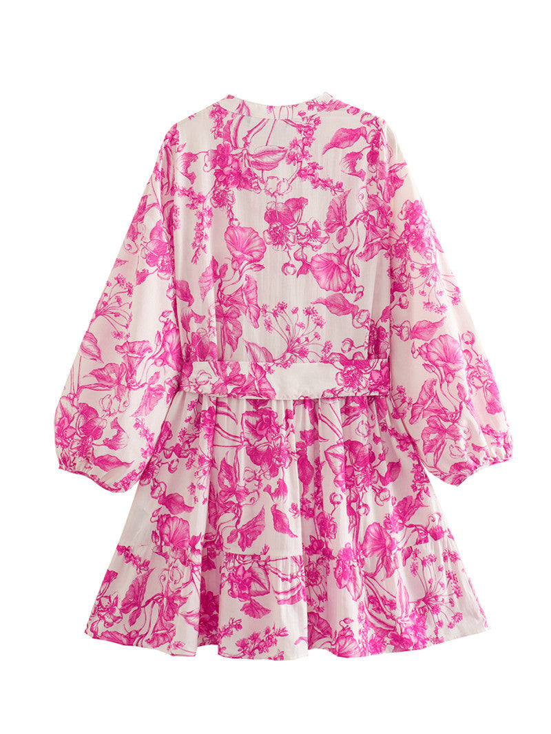 Vestido corto floral con cintura ajustable y manga amplia - Laurent