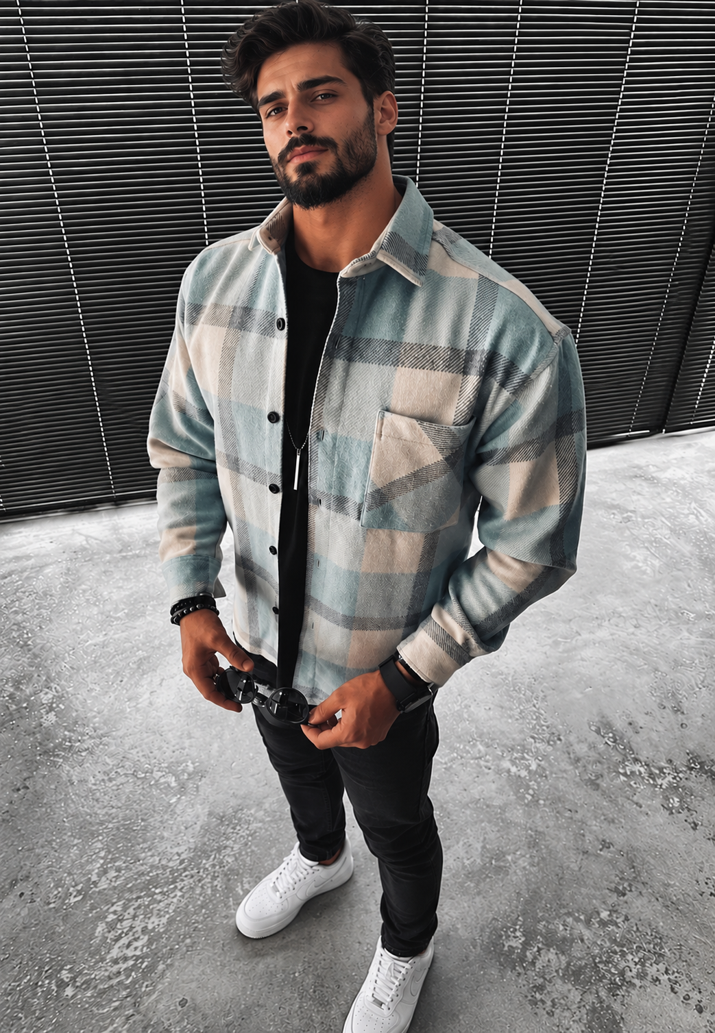 Camisa hombre cuadros grandes manga larga bolsillo de pecho - Tristán