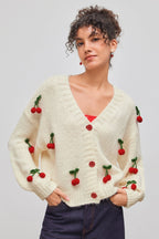 Cárdigan de punto holgado cuello pico apliques de cerezas - Frieda
