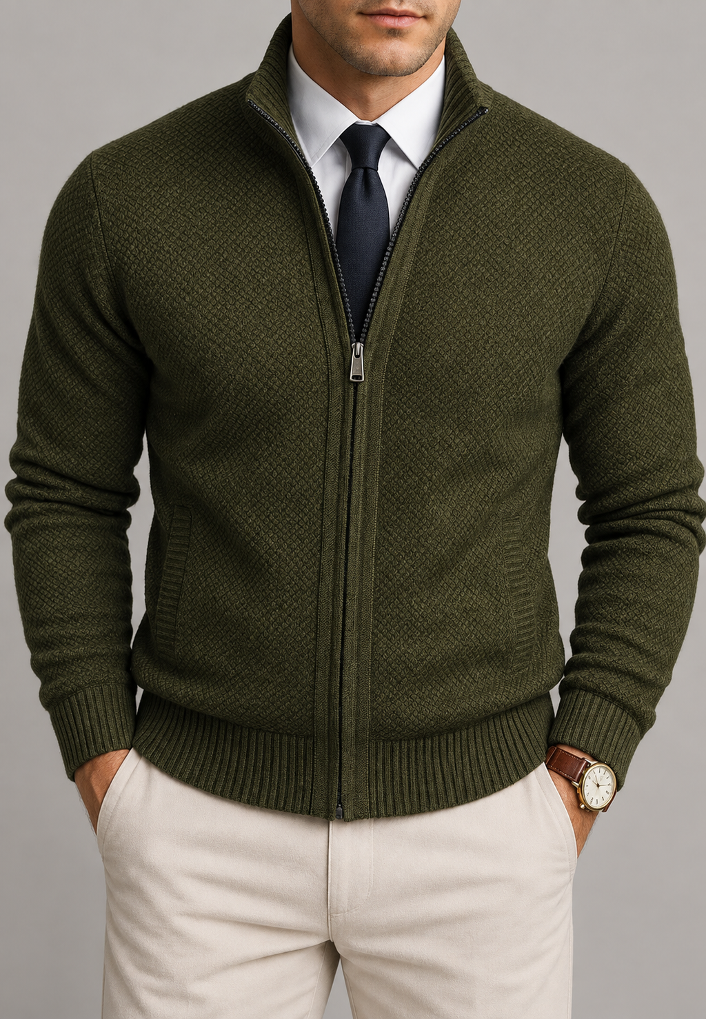 Cárdigan hombre cremallera completa cuello alto punto texturizado - Dorian
