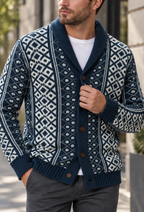Cárdigan punto jacquard geométrico cuello chal botonadura frontal - Dariel