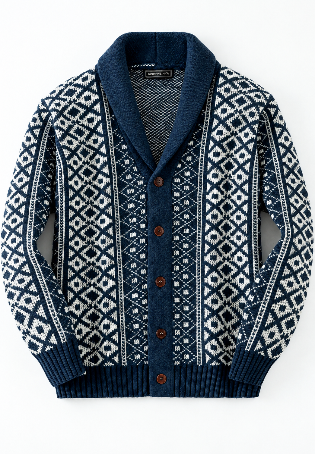 Cárdigan punto jacquard geométrico cuello chal botonadura frontal - Dariel