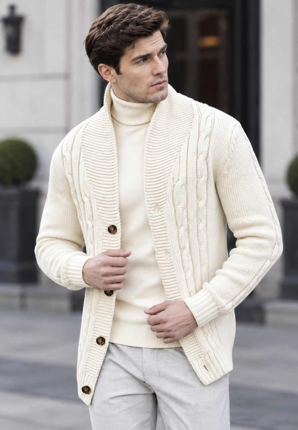 Cárdigan hombre punto trenzado cuello chal botones - Gauthier