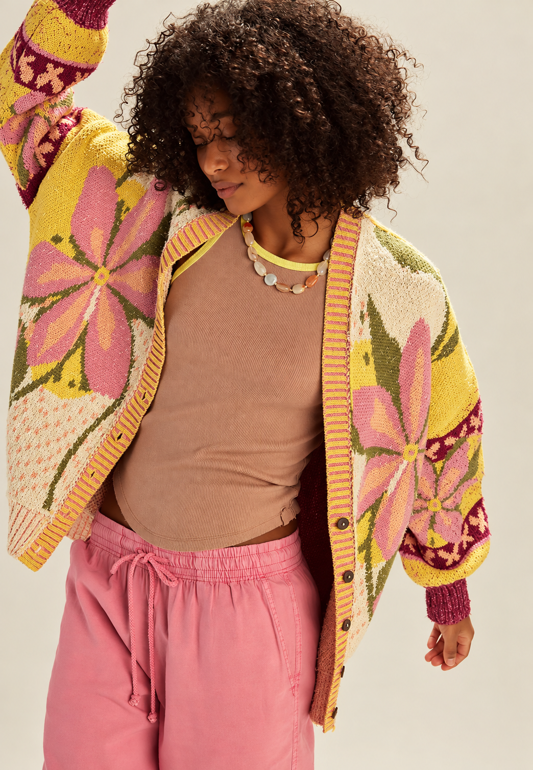 Cárdigan mujer punto floral multicolor botones corte holgado - Tarsila