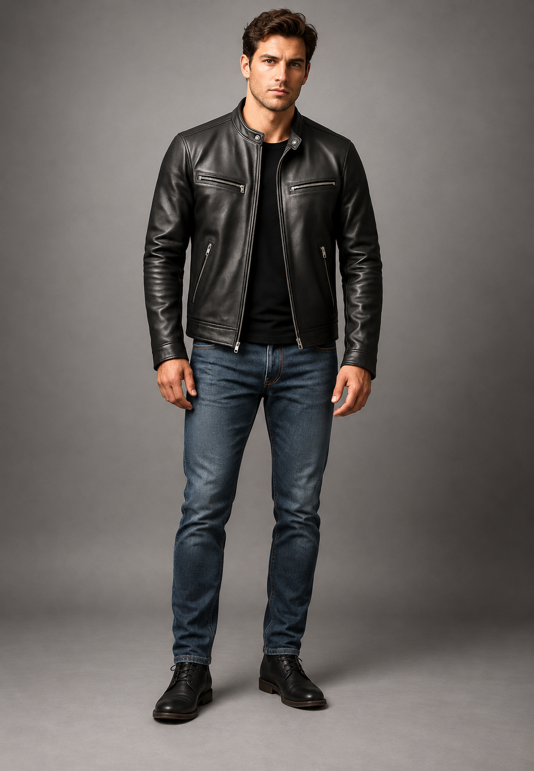 Cazadora biker hombre efecto piel cuello mao cuatro bolsillos cremallera - Kaelor