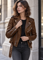 Cazadora biker mujer efecto piel cinturón ajustable - Faustine