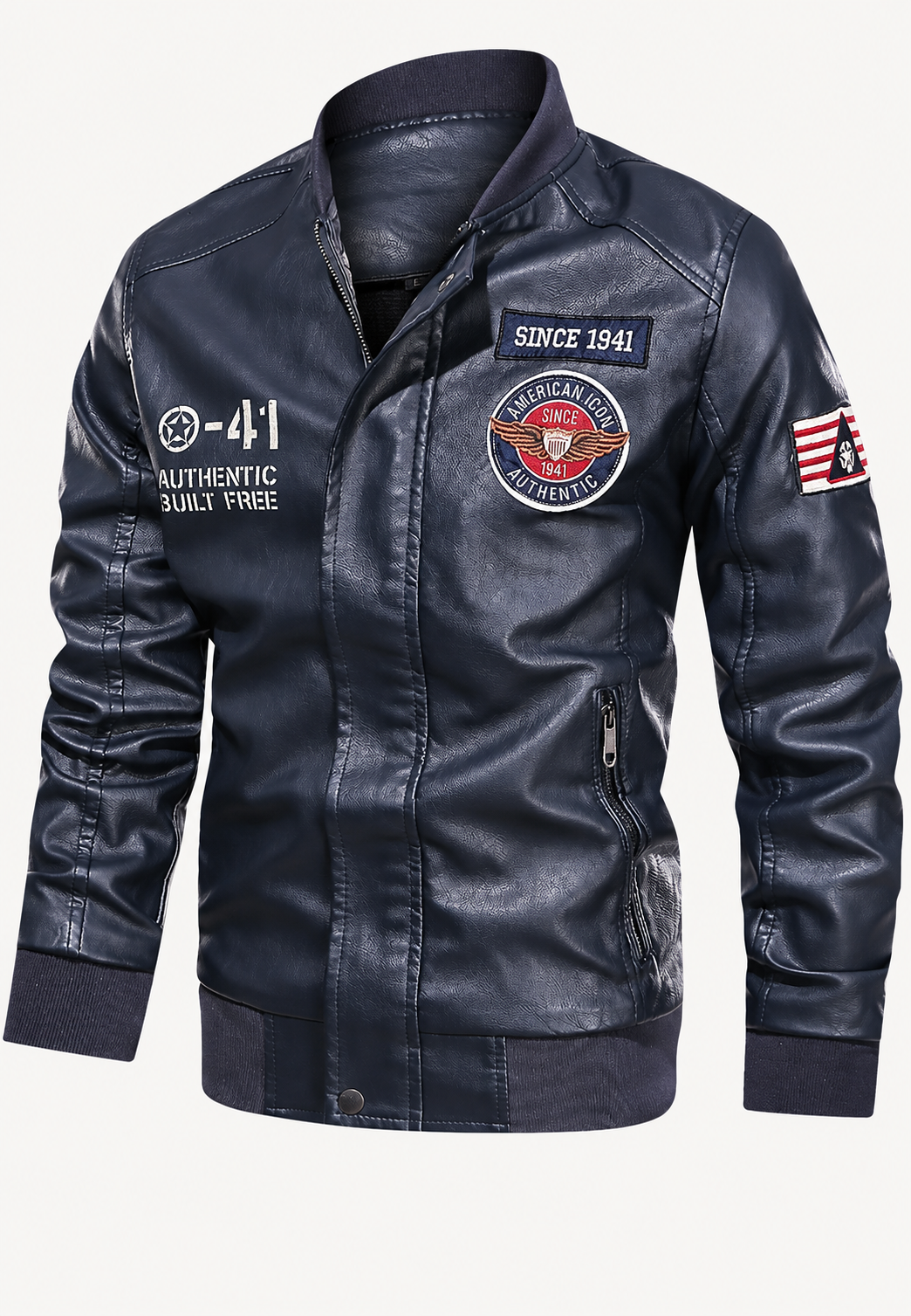 Cazadora bomber hombre efecto piel cuello mao parches bordados - Darian