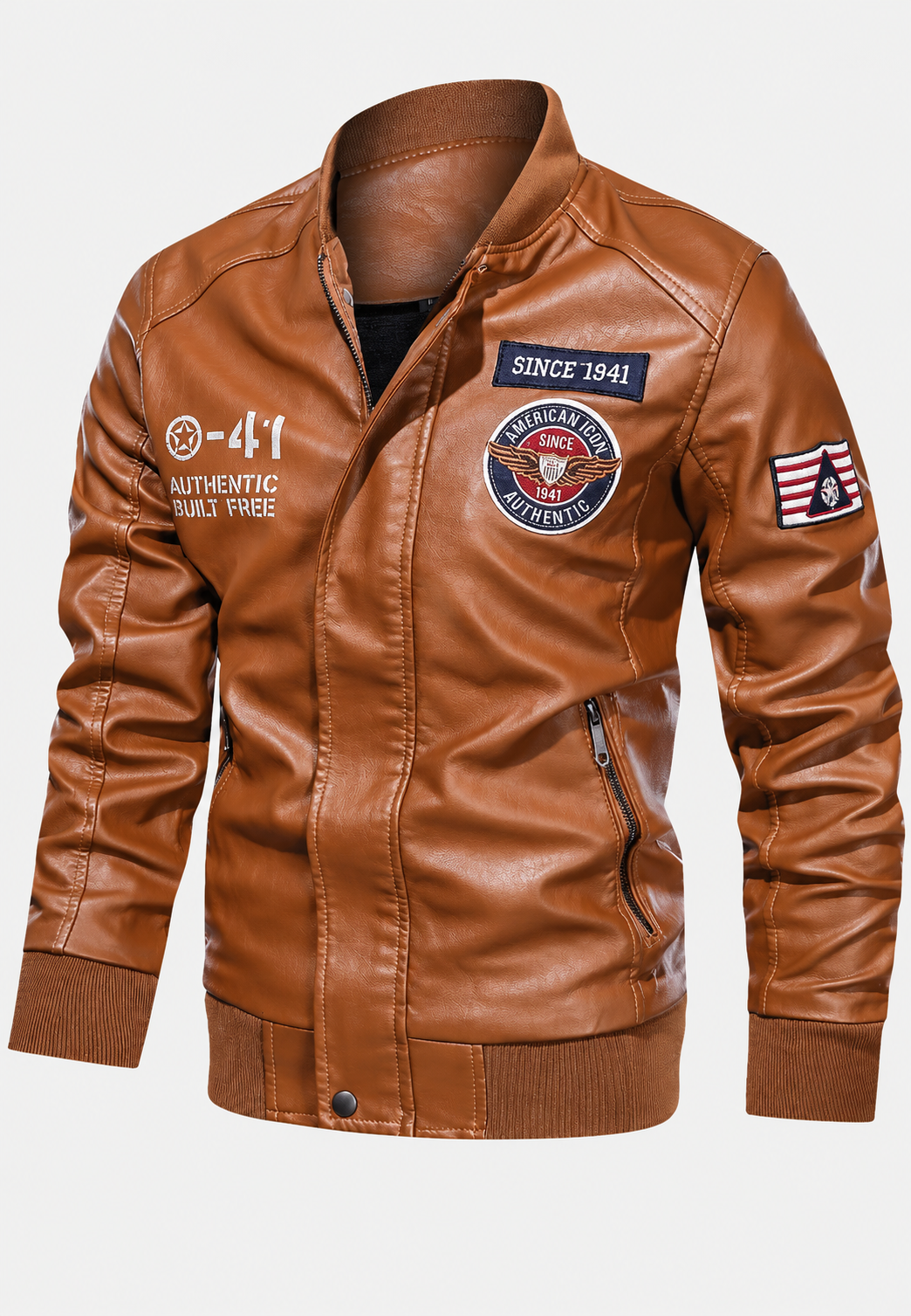 Cazadora bomber hombre efecto piel cuello mao parches bordados - Darian
