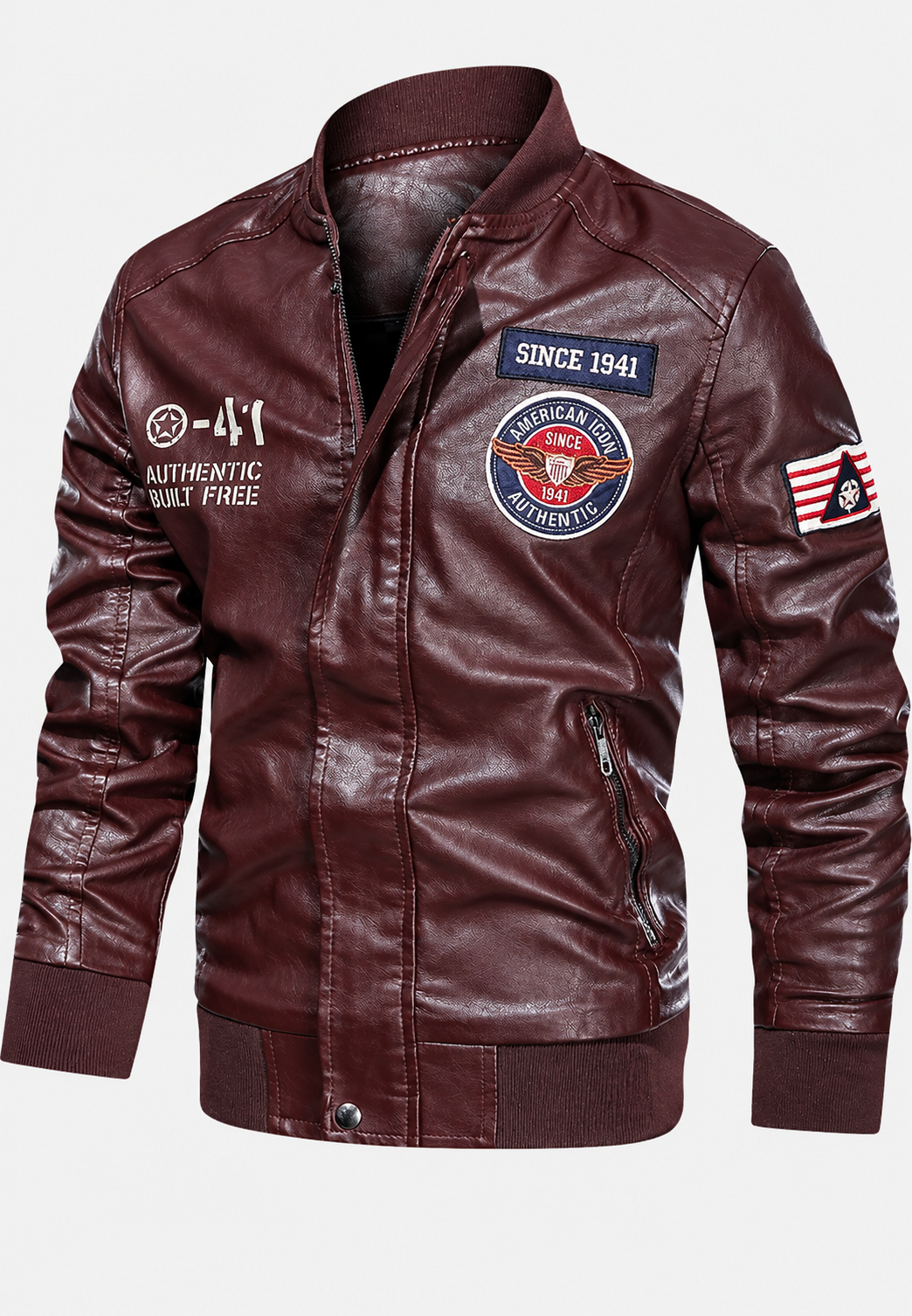 Cazadora bomber hombre efecto piel cuello mao parches bordados - Darian