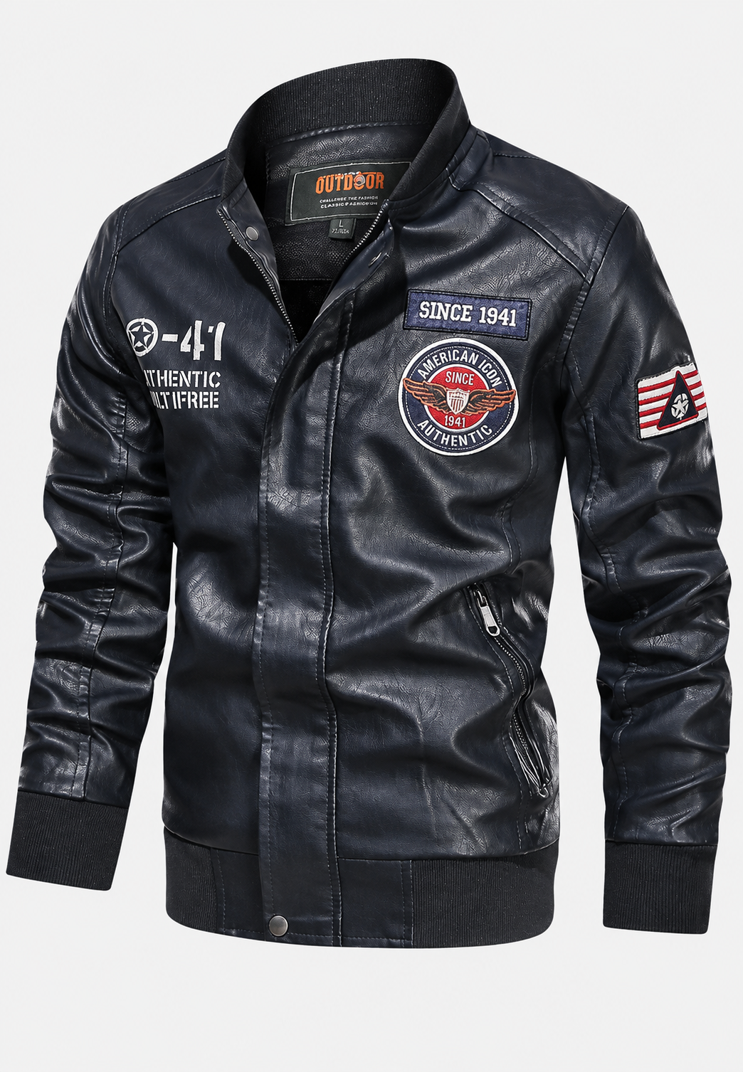 Cazadora bomber hombre efecto piel cuello mao parches bordados - Darian