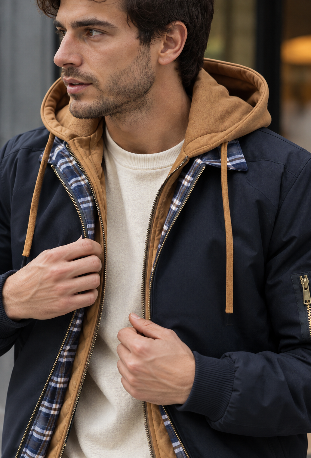 Cazadora bomber masculina acolchada estilo urbano capucha superpuesta - Damián