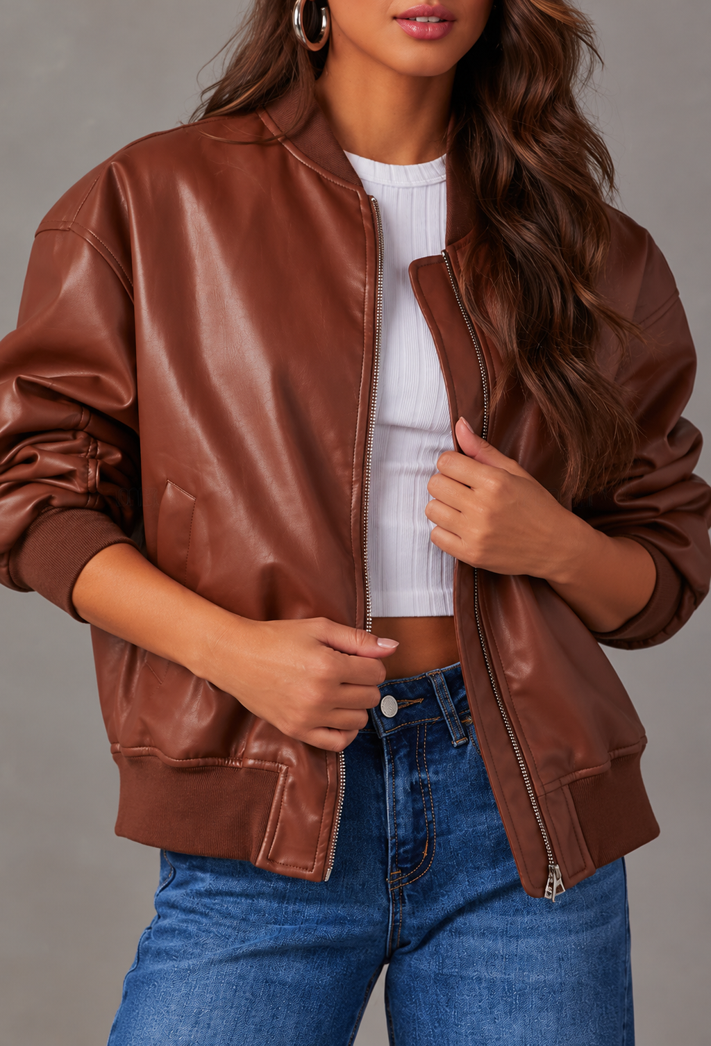 Cazadora bomber mujer efecto piel corte amplio puños canalé - Mara