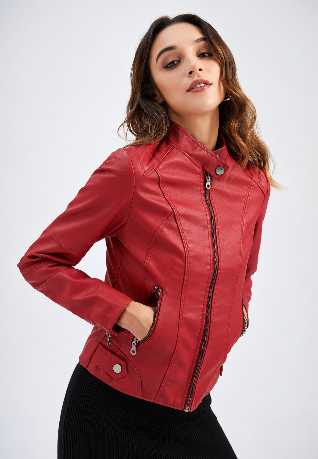 Cazadora efecto piel mujer cuello mao bolsillos cremallera - Iseult