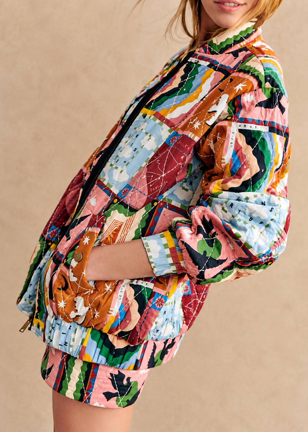 Cazadora mujer acolchada patchwork celestial cuello alto - Jasmina