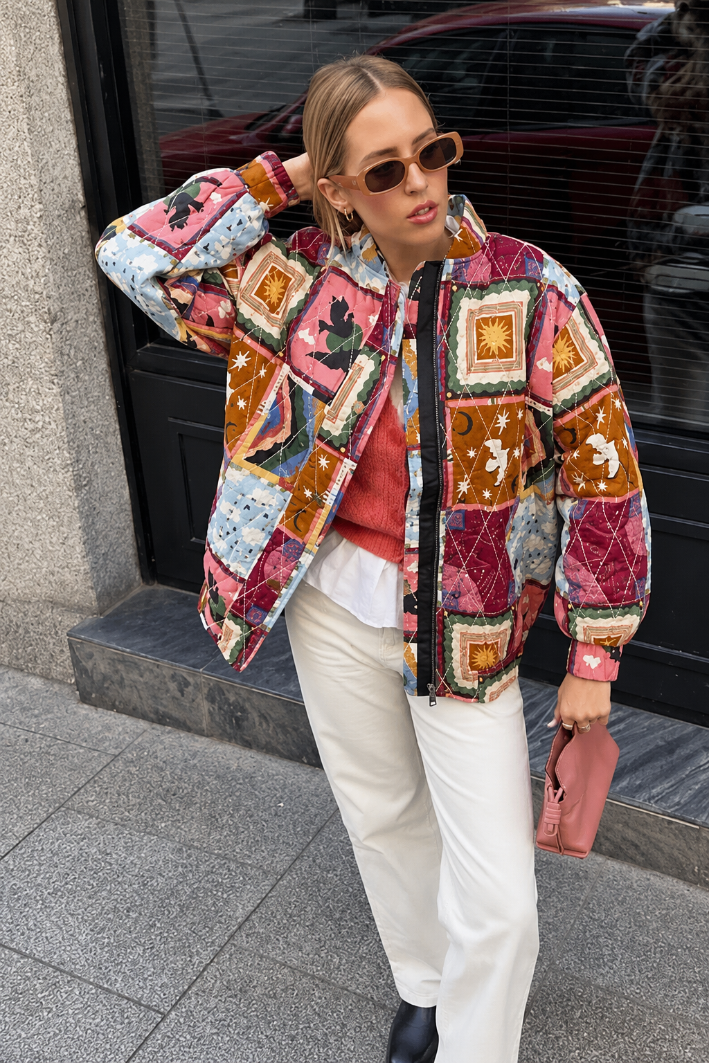 Cazadora mujer acolchada patchwork celestial cuello alto - Jasmina