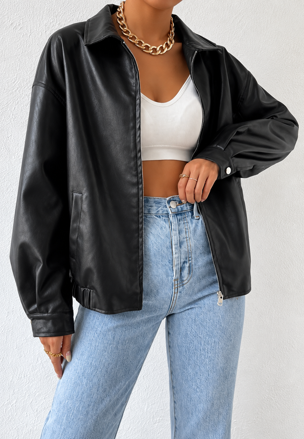 Cazadora mujer efecto piel cremallera cuello camisero - Aroa
