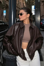 Cazadora mujer oversize efecto piel cuello camisero - Arlet