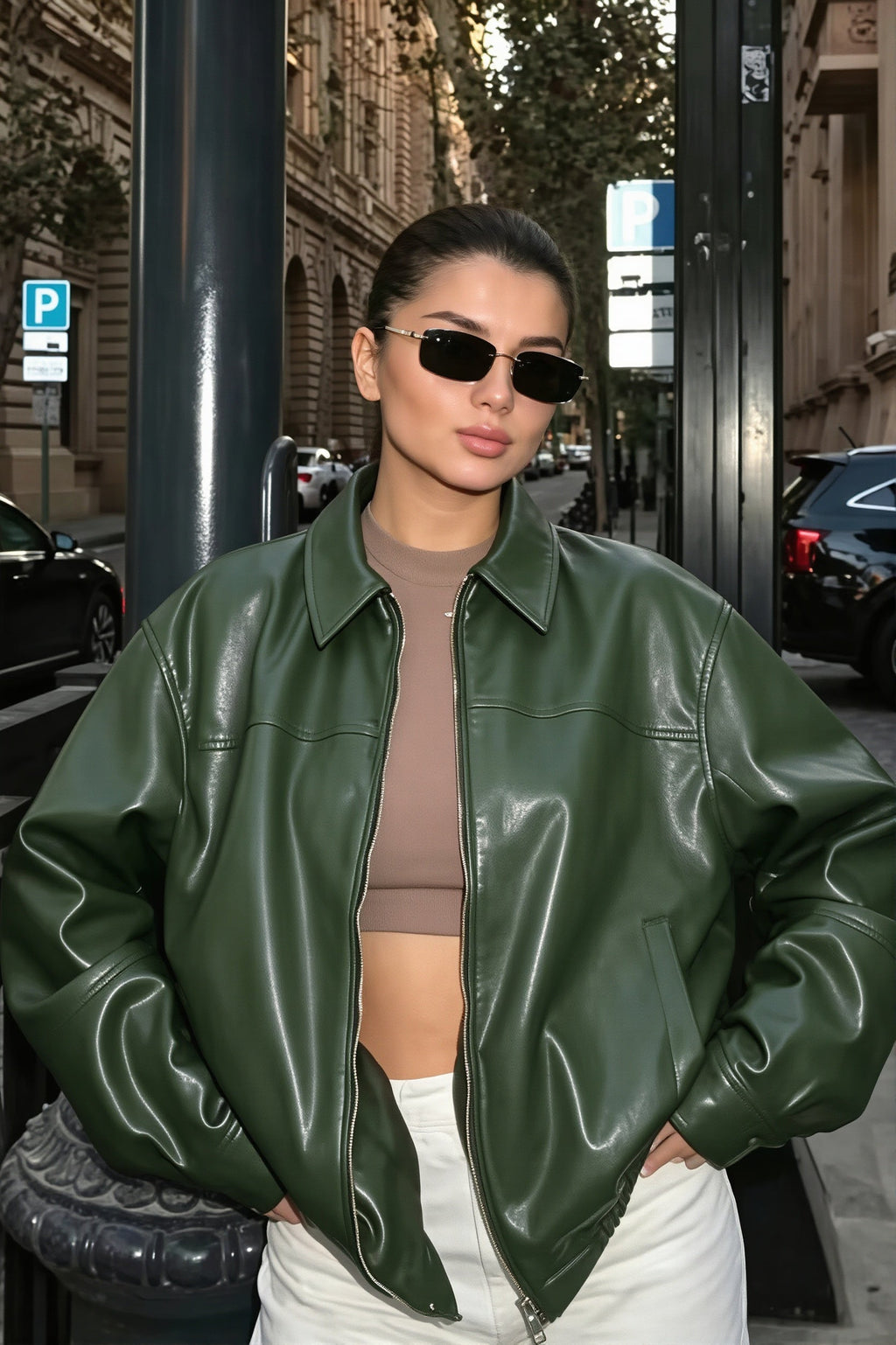 Cazadora mujer oversize efecto piel cuello camisero - Arlet
