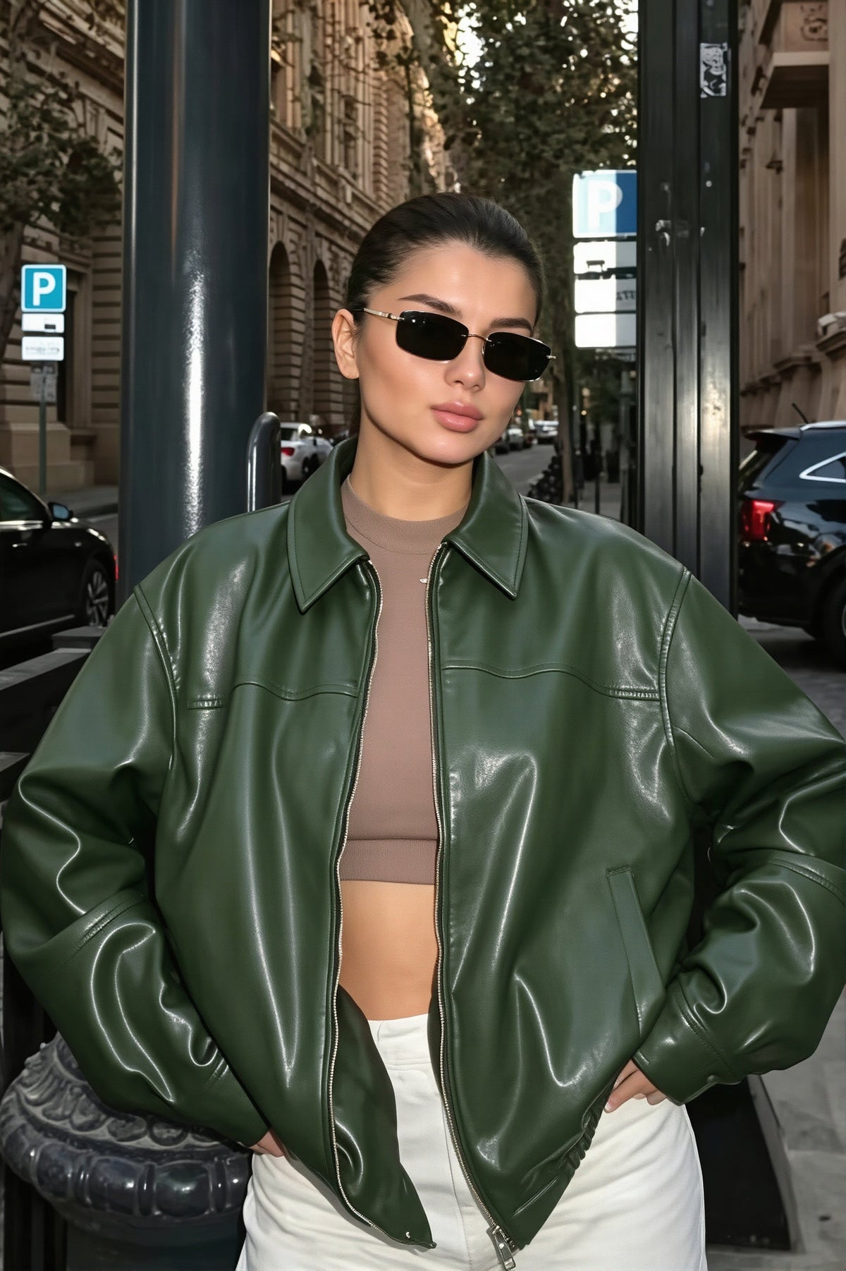 Cazadora mujer oversize efecto piel cuello camisero - Arlet