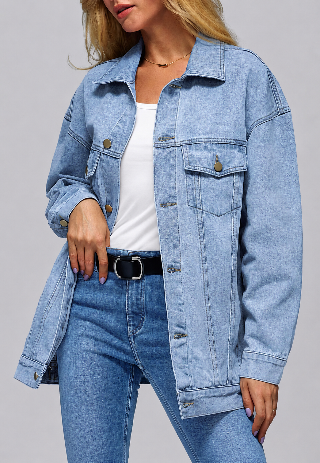 Cazadora vaquera mujer oversize larga bolsillos de solapa - Eira