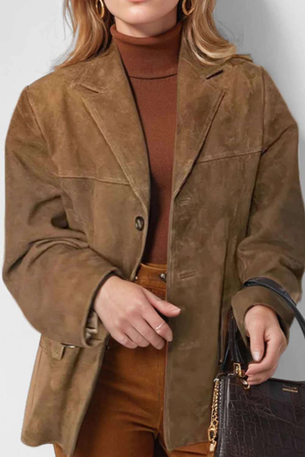 Coralie - Chaqueta café vintage con bolsillos de solapa y botones