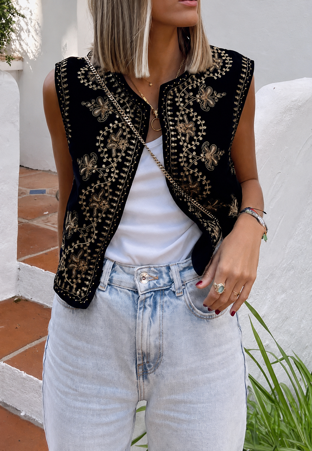 Chaleco mujer terciopelo bordado floral - Celina