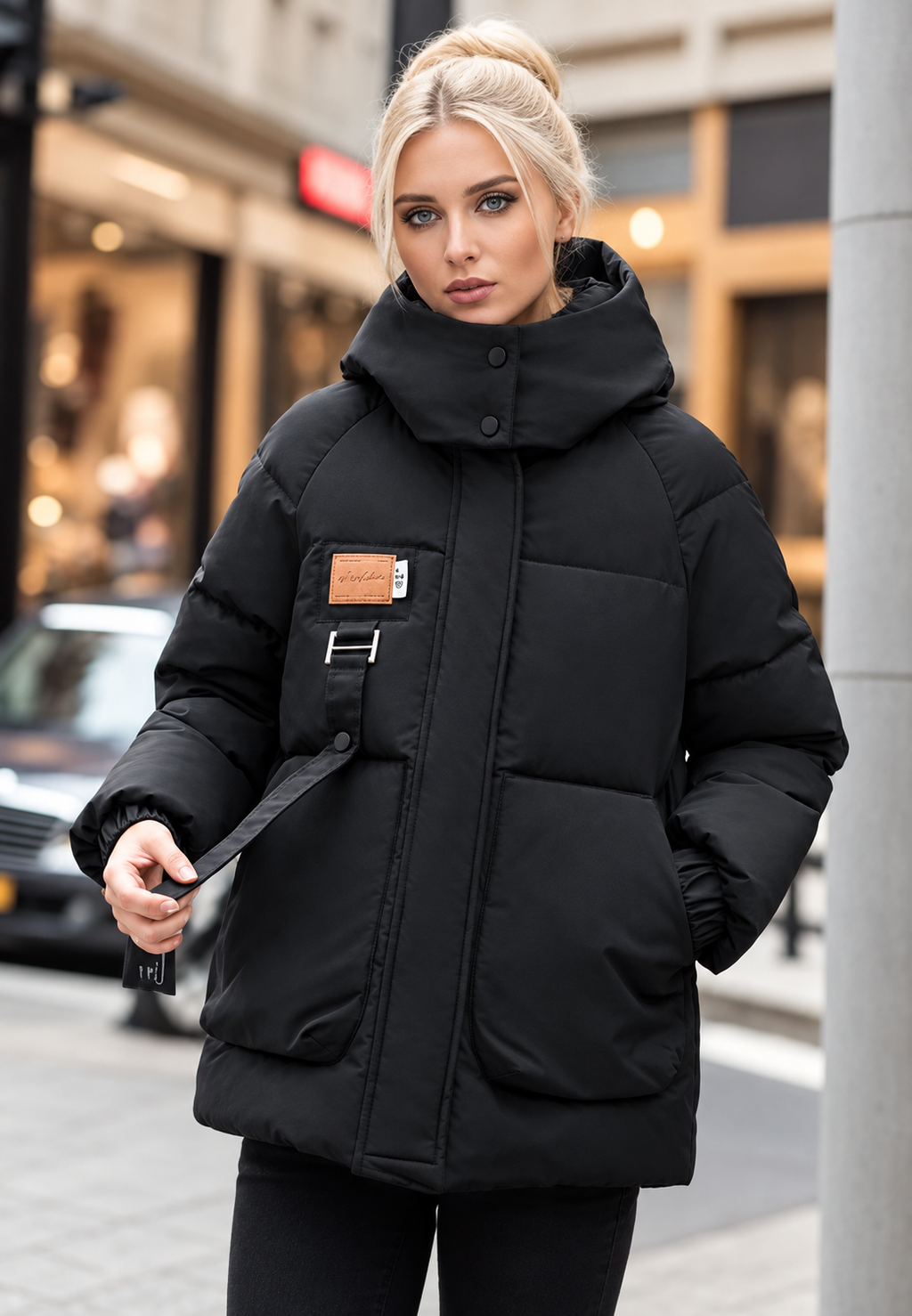 Chaqueta acolchada mujer capucha cuello alto bolsillos solapa - Iria