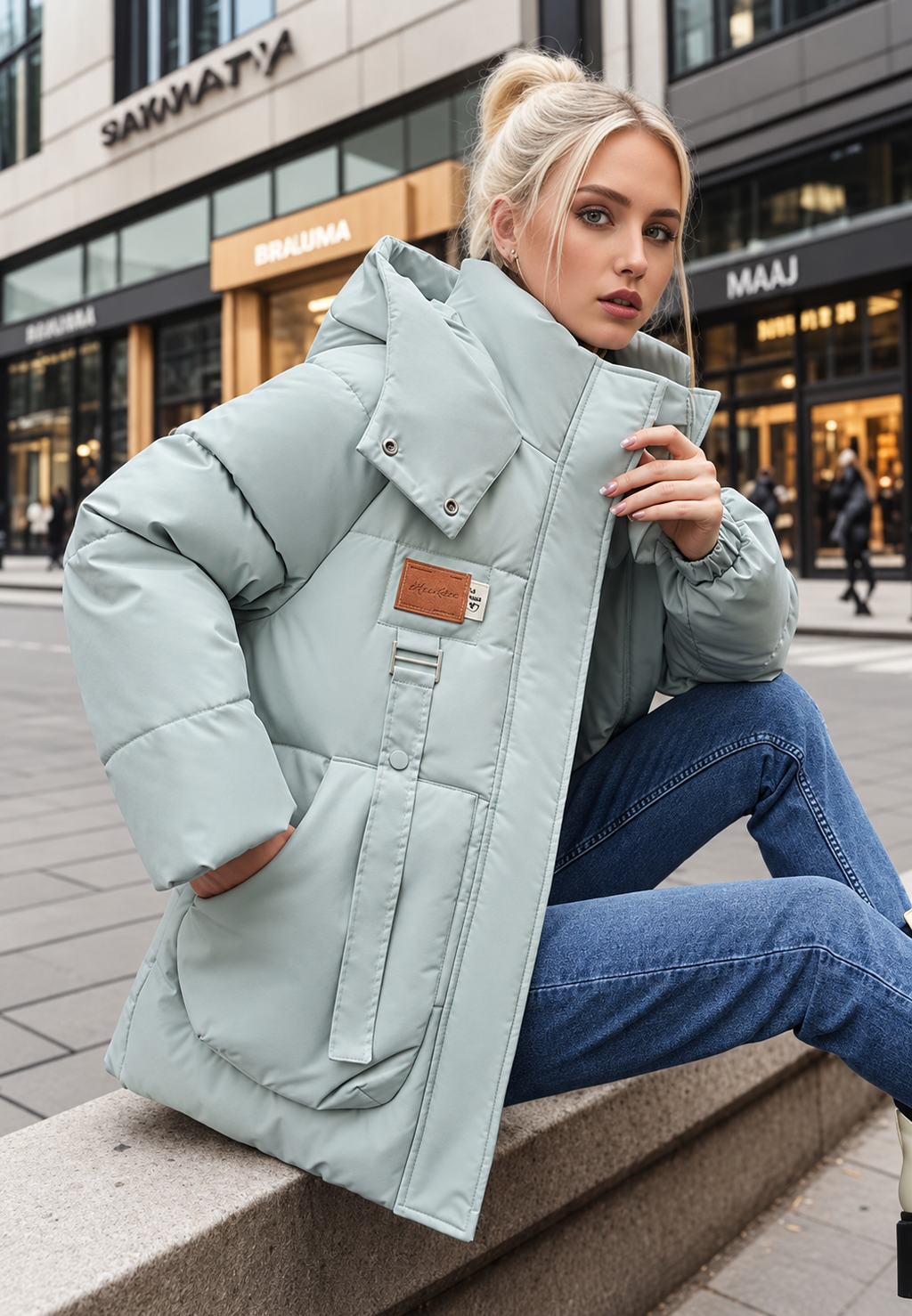 Chaqueta acolchada mujer capucha cuello alto bolsillos solapa - Iria