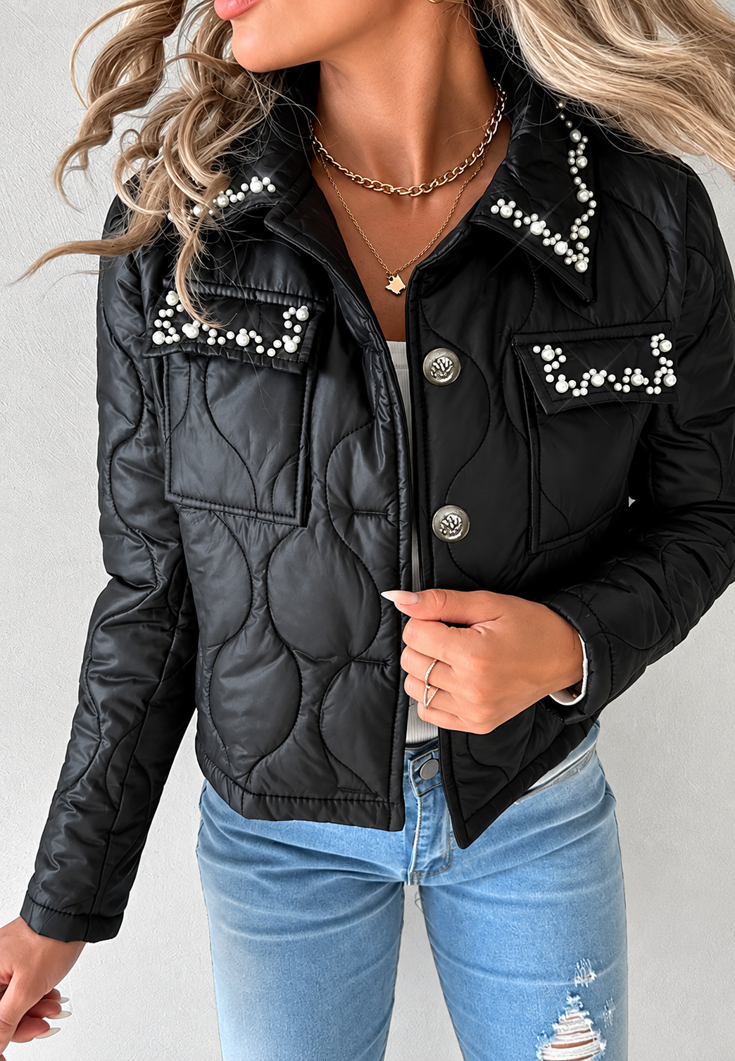 Chaqueta acolchada corta de mujer con botones - Leandra