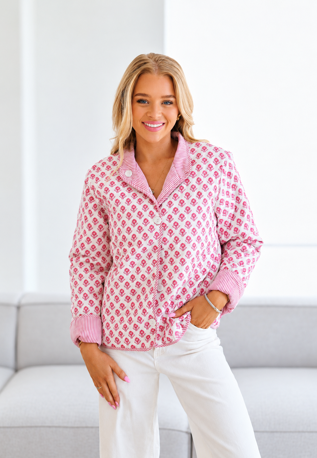 Chaqueta acolchada mujer estampado floral cuello camisero rayas - Lola