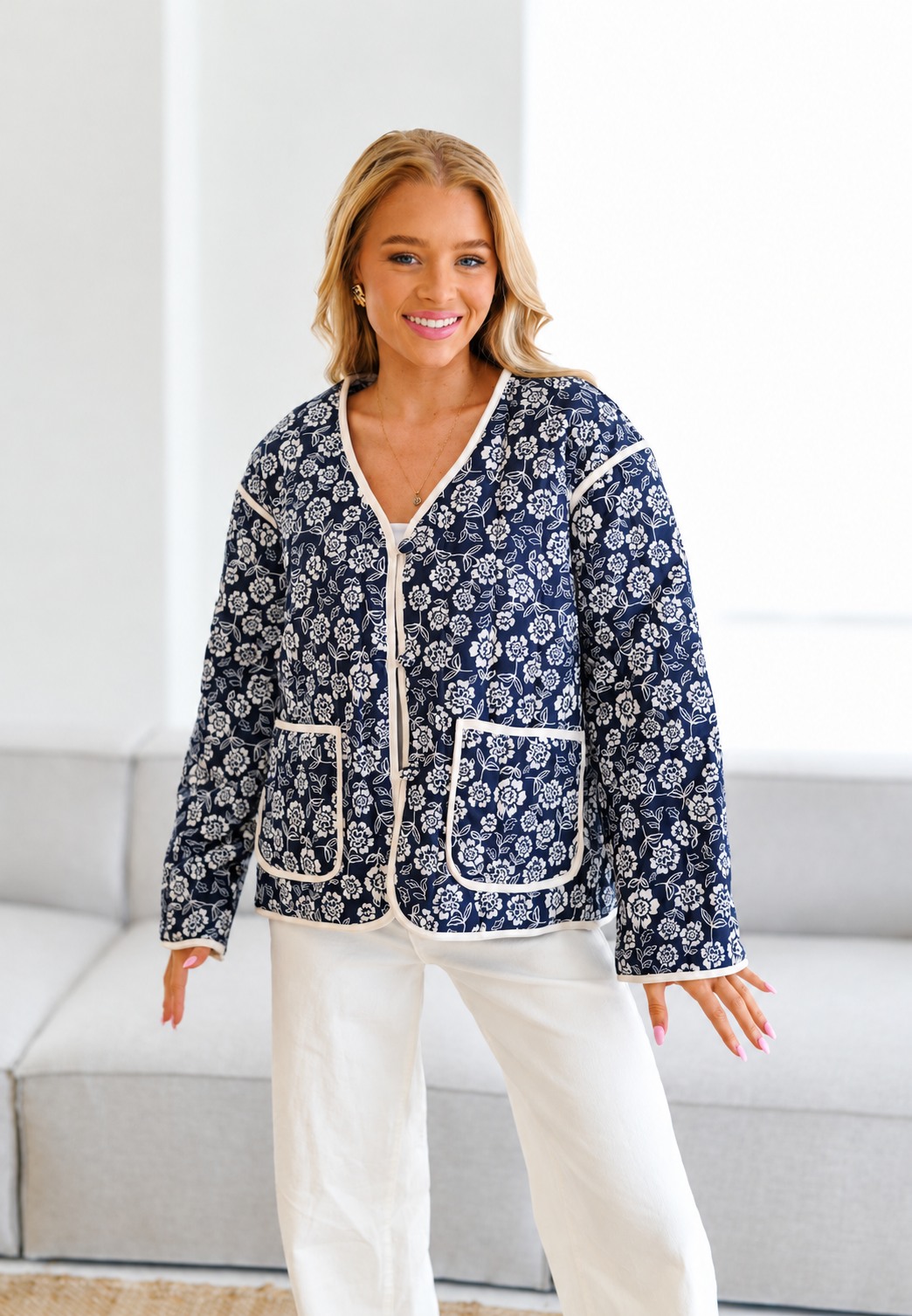 Chaqueta acolchada mujer estampado floral ribetes contraste - Mireva