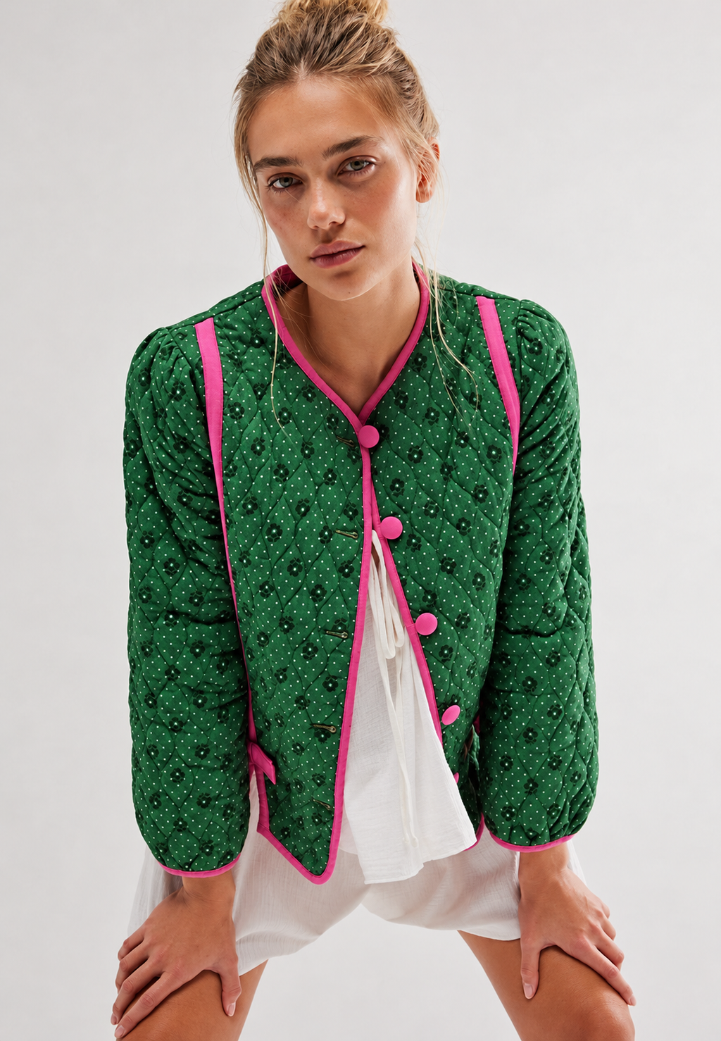 Chaqueta acolchada mujer estampado geométrico lazos decorativos - Selvara