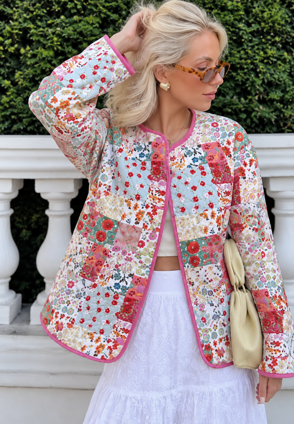 Chaqueta acolchada mujer patchwork floral ribetes rosas - Sindella