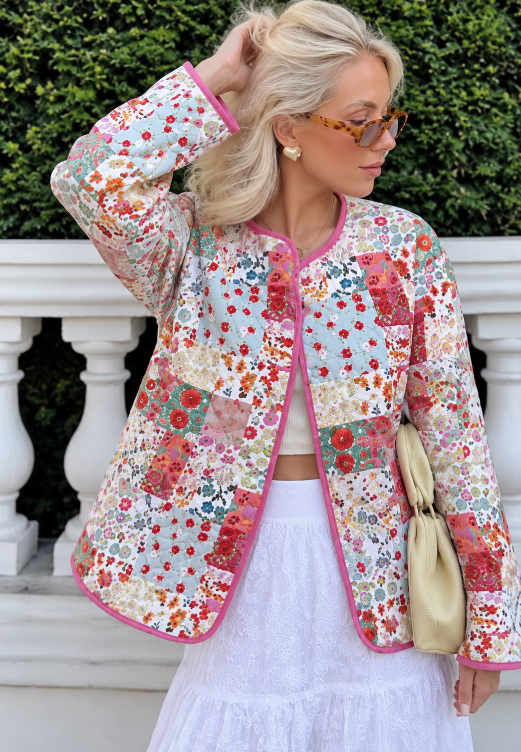 Chaqueta acolchada mujer patchwork floral ribetes rosas - Sindella