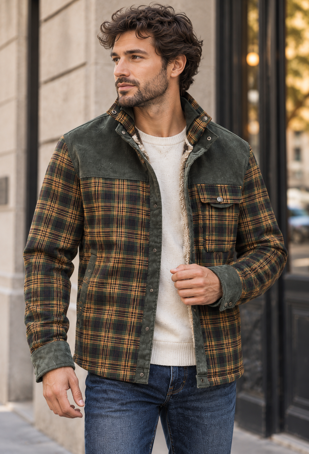 Chaqueta camisera hombre cuadros forro borreguito cuello alto - Valther