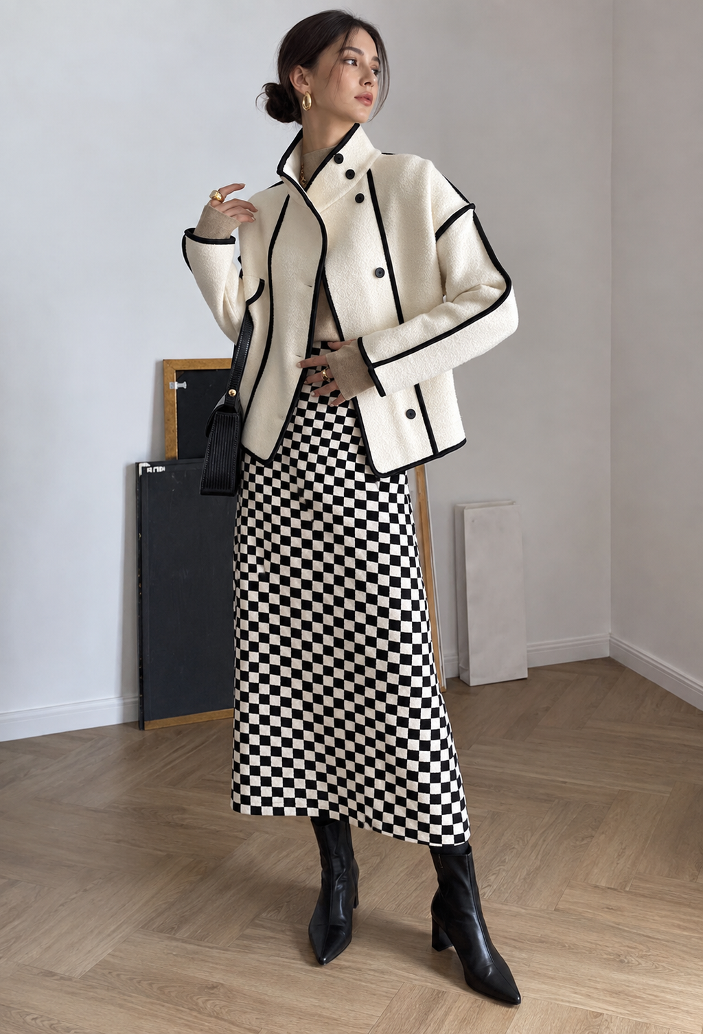 Chaqueta corta mujer cuello alto ribetes contraste - Ophélie