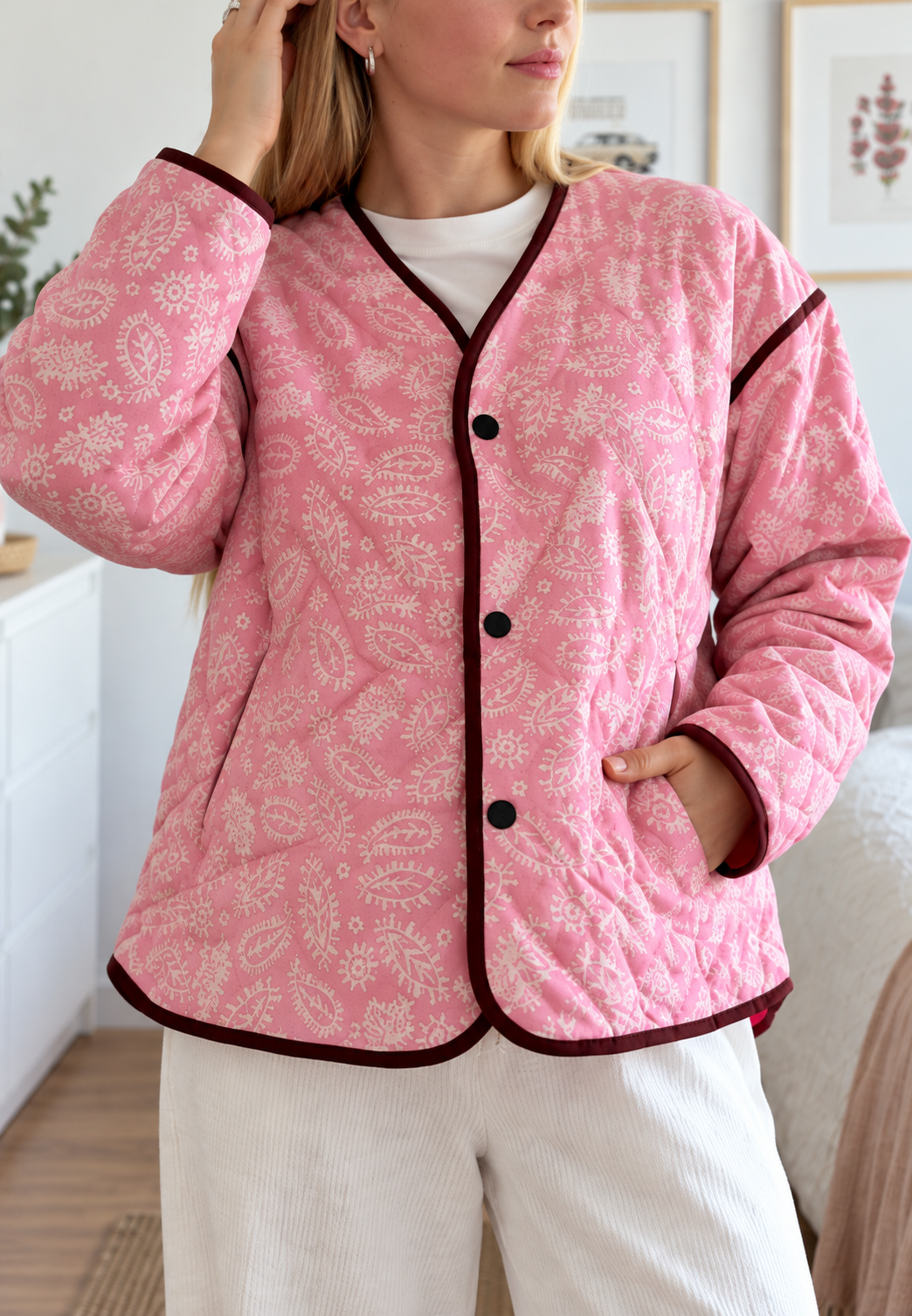 Chaqueta corta mujer paisley acolchado rombos ribetes contraste - Ottavia