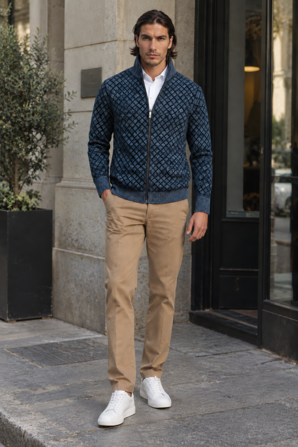 Chaqueta de punto hombre rombos cuello alto cremallera - Gaëtan