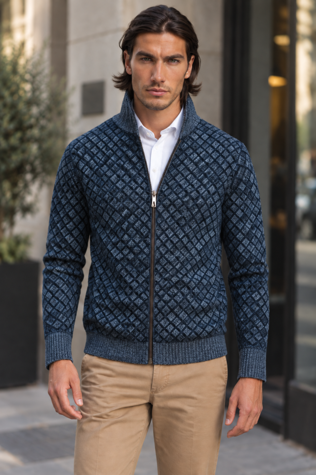 Chaqueta de punto hombre rombos cuello alto cremallera - Gaëtan