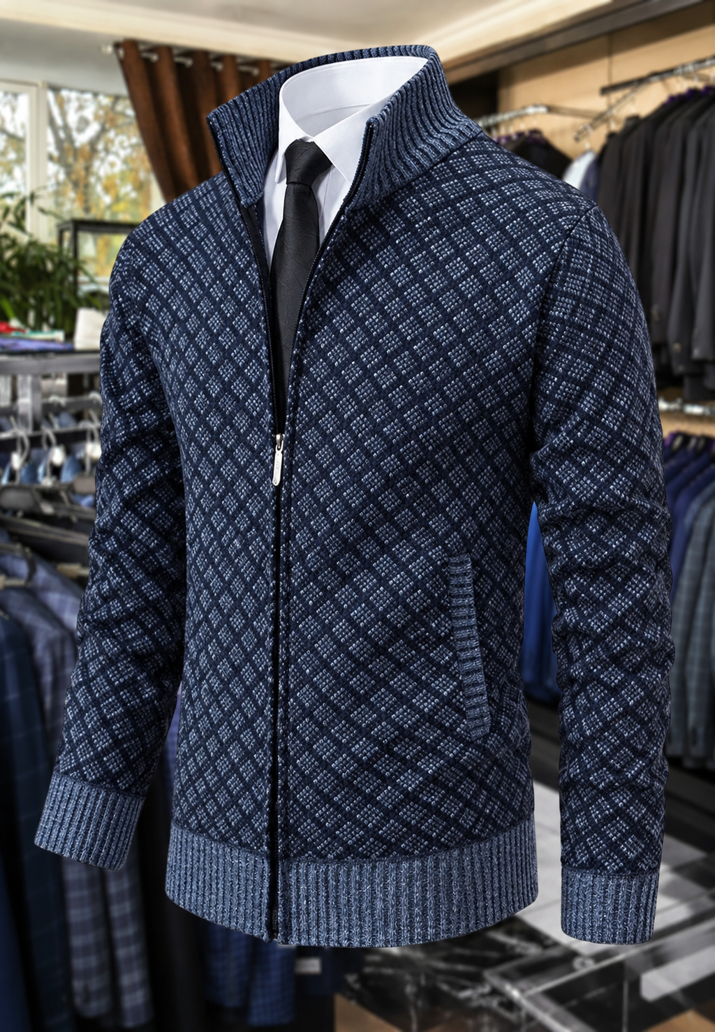 Chaqueta de punto hombre rombos cuello alto cremallera - Gaëtan
