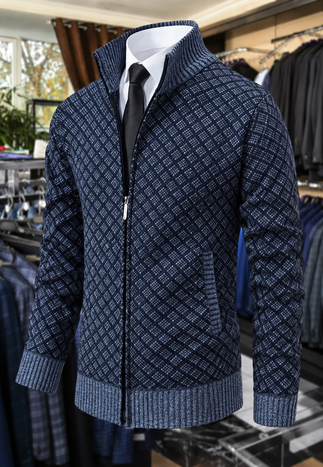 Chaqueta de punto hombre rombos cuello alto cremallera - Gaëtan