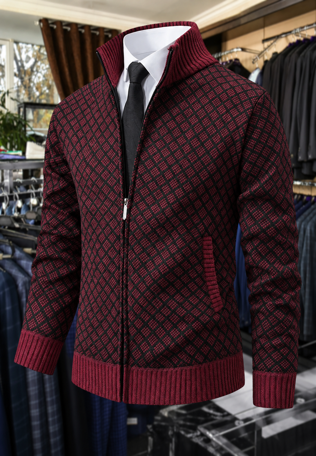 Chaqueta de punto hombre rombos cuello alto cremallera - Gaëtan