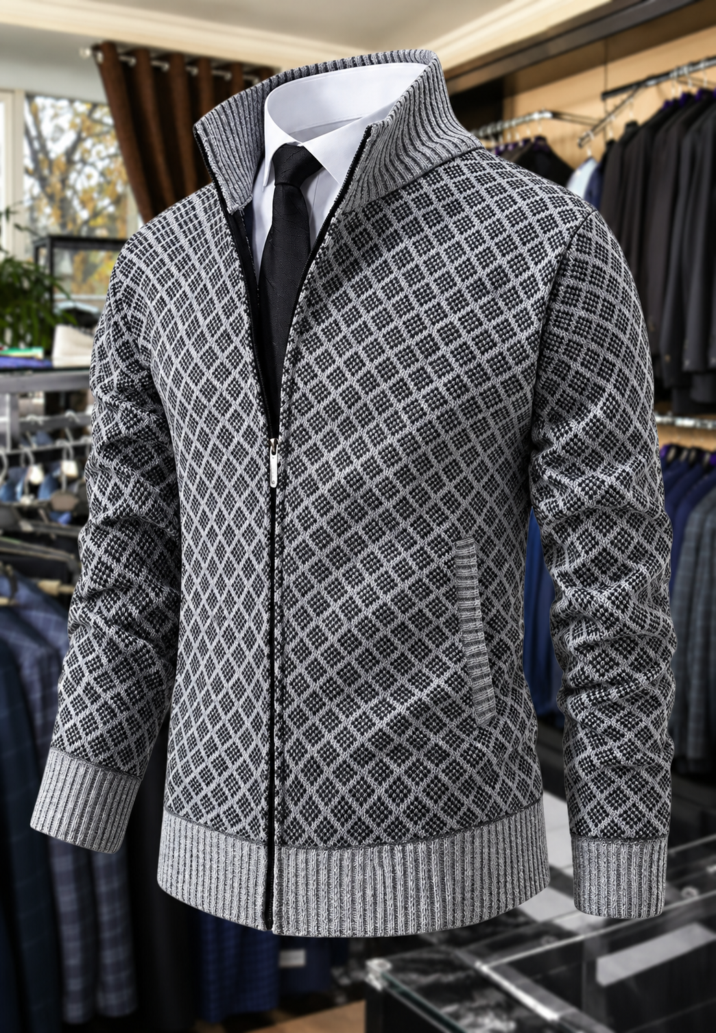 Chaqueta de punto hombre rombos cuello alto cremallera - Gaëtan